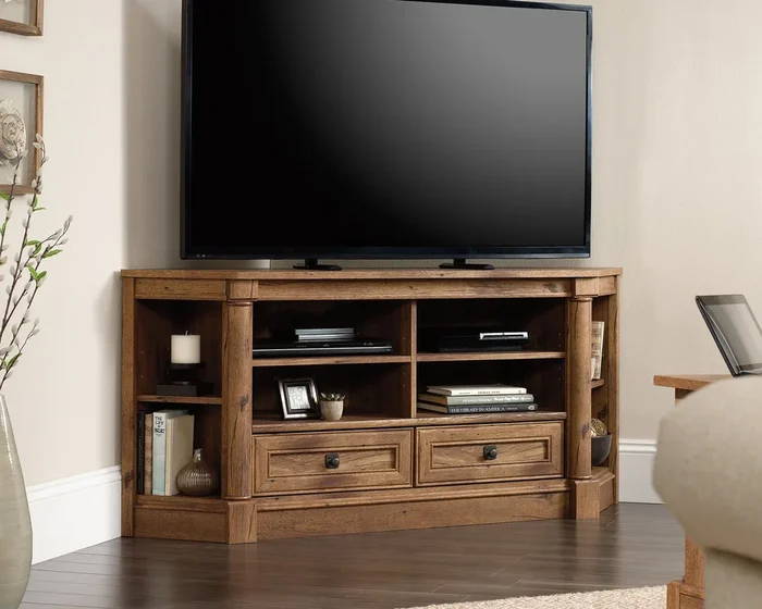 Palladia Corner Entertainment Credenza in Vintage Oak – Space-Saving TV Stand with Adjustable Shelves, Smooth-Gliding Drawers & Cord Management