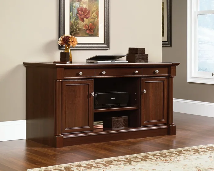 Palladia Credenza in Select Cherry – Elegant Home Office Storage with Hidden Compartments, Adjustable Shelves & Cord Management System