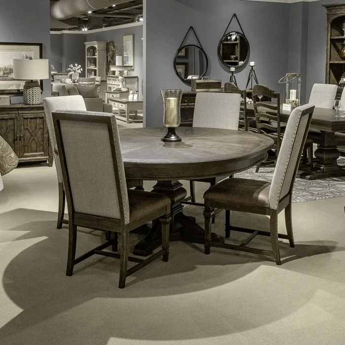 Paradise Valley – 5 Piece Pedestal Table Set (Upholstered Side Chairs) – Dark Brown