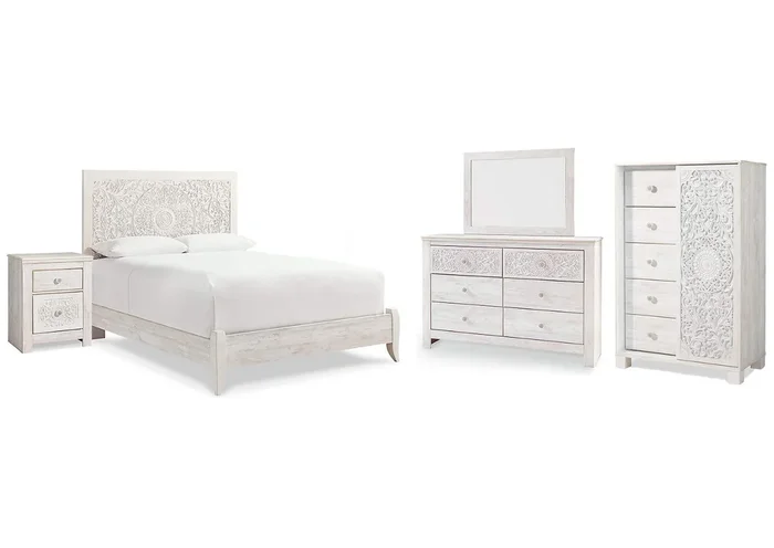 Paxberry Queen Panel Bed with Mirrored Dresser, Chest and Nightstand