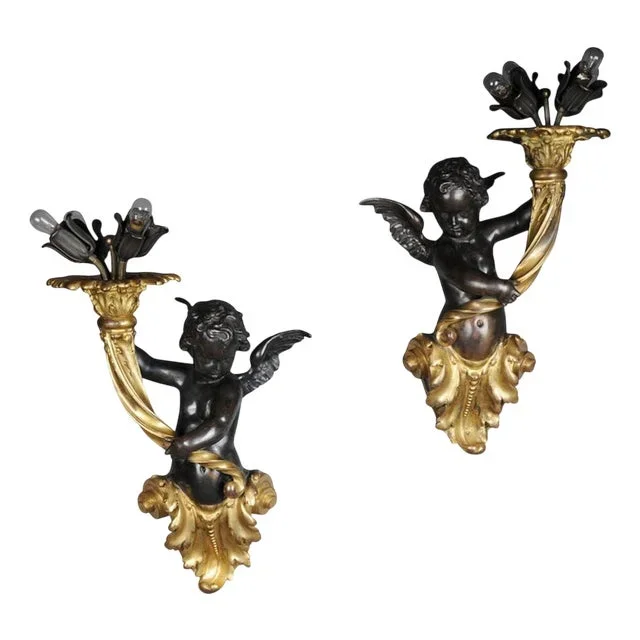 Putti Wall Lights in Bronze Gilded, 1870, Set of 2