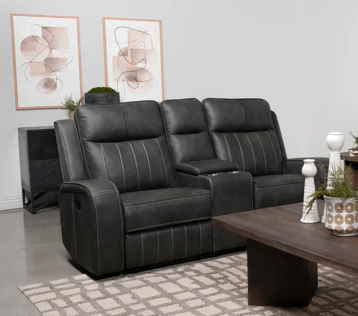 Raelynn Grey Upholstered Motion Reclining Loveseat