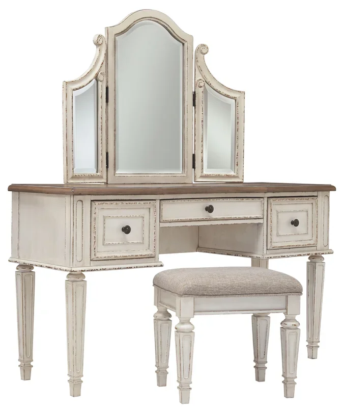 Realyn – Vanity/Mirror/Stool (Set of 3) – White / Brown / Beige
