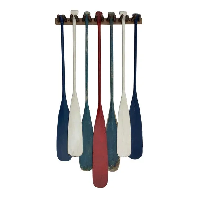 Red, White & Blue Vintage Canoe Paddles, Set of 7 With Holder