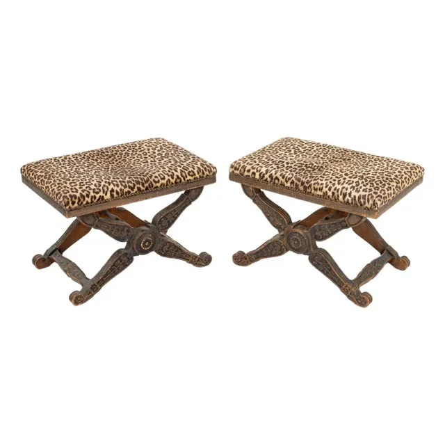 Regency Style Leopard Print Upholstered Stools, 2