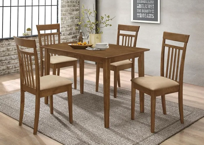 Robles 5 Piece Rectangular Dining Table Set – Chestnut Finish with Beige Upholstered Chairs, Padded Seats, Slatted Wood Backs for Stylish Family Dining