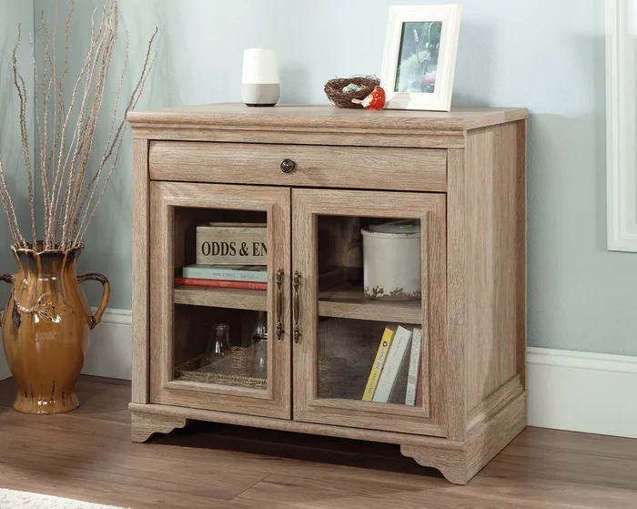 Rollingwood Country Library Base in Brushed Oak – Compact Office Storage Cabinet with Drawer, Adjustable Shelf & Glass Doors