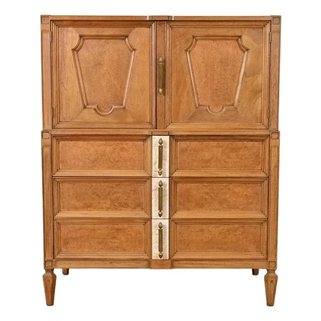 Romweber Mid-Century Hollywood Regency Burl Wood and Travertine Gentleman’s Chest, Circa 1960s