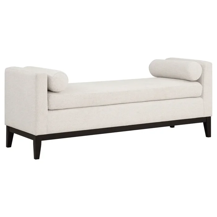 Rosie Upholstered Accent Bench with Armrests – Modern Vanilla Seating with Foam Cushion, Backless Design, Round Bolster Pillows, Black Wooden Legs