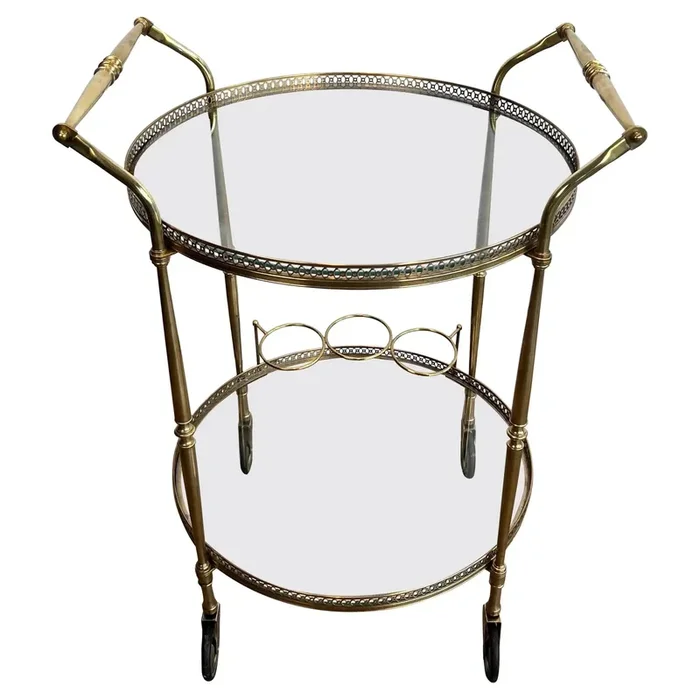 Round Brass Bar Cart in the Style of Maison Jansen, 1940