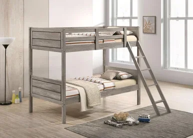 Ryder Wood Twin Over Twin Bunk Bed with Mattress Weathered Taupe / CS-400818-SM
