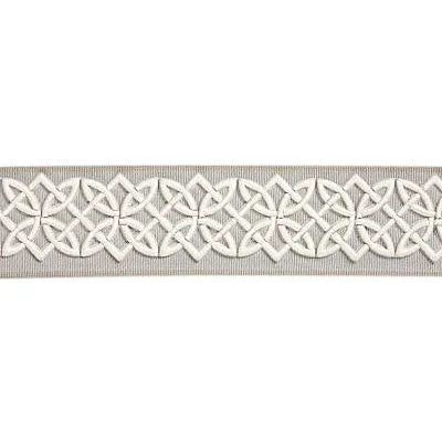 Sample, Scalamandre Celtic Embroidered Tape, Silver Grey Fabric