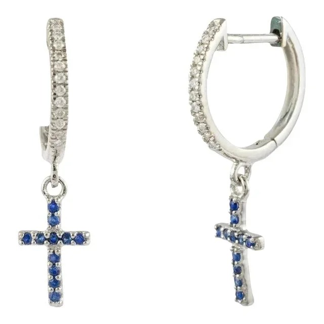 Sapphire Cross Dangling Hoop Earrings With Diamonds 18k Solid White Gold – 2 Pieces