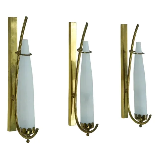 Sconces in Brass and Triplex Opaline Glass in the style of Arredoluce, Italy, 1950s, Set of 3