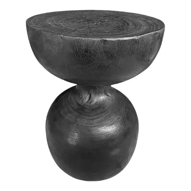 Sculptural Side Table Solid Suar Wood, Burnt Finish