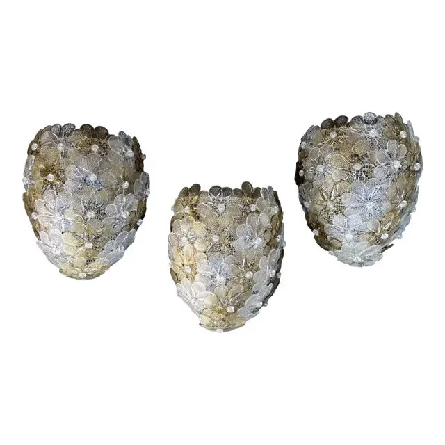 Set of 3 Murano Wall Light Flower by Seguso for Venini, Italy, 1960s