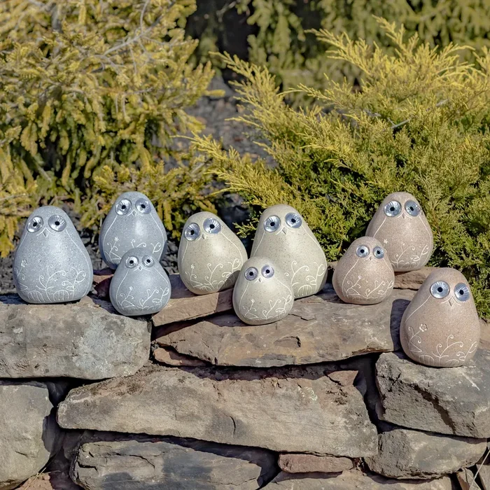 Set of 3 Solar “Rock” Birds with Floral Etching