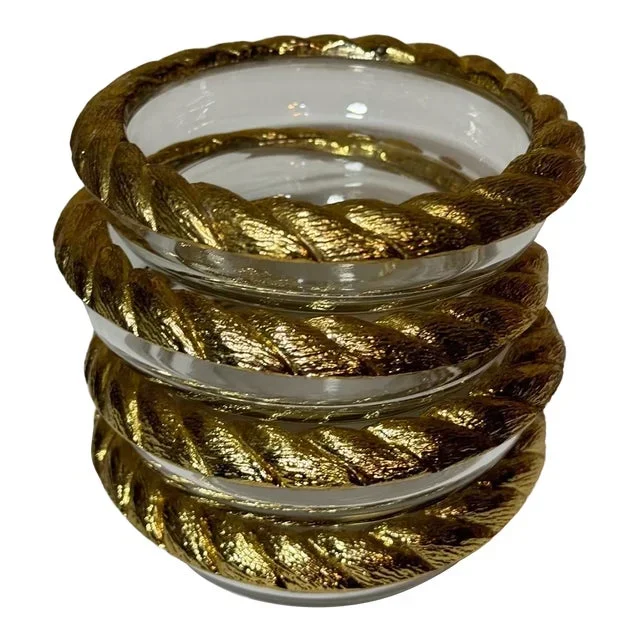 Set of 4 Vintage Hollywood Regency Gold/Brass Plated Rope Twist Rim Glass Coasters