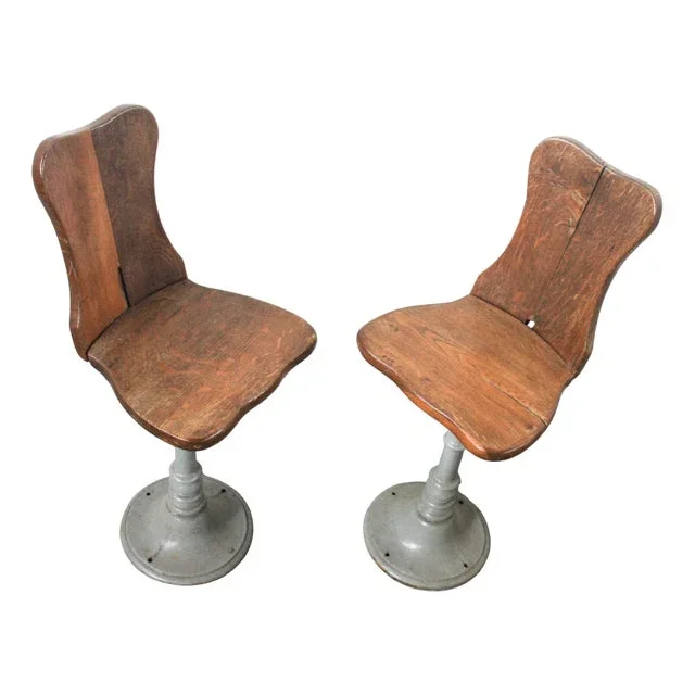 Set of French Cast Iron and Oak Work Chairs