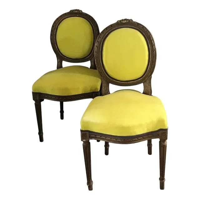 Set of Mid-19th Century French Provincial Wooden Chairs in Yellow Linen, 1850