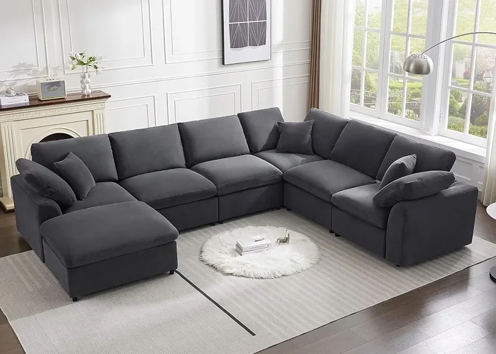 SINTEL Modern 7-Seater Modular Sectional Sofa Chenille Dark Grey