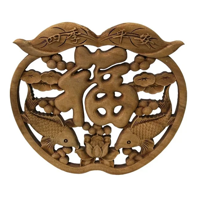 Small Apple Shape Fok Koi Motif Wood Wall Panel Plaque Art