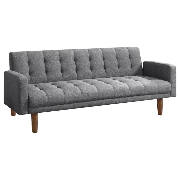 Sommer Upholstered Tufted Convertible Sofa Bed in Gray Woven Fabric with Button Detailing, Hardwood Frame, Solid Legs, High-Density Foam, and Sinuous Springs