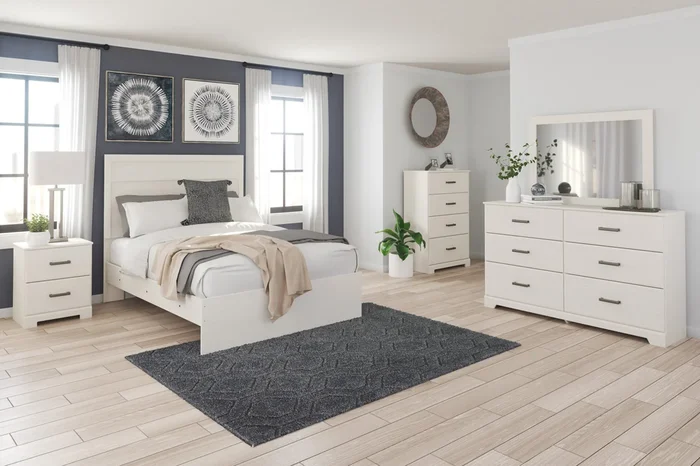 Stelsie Panel Bed, Dresser, Mirror & Nightstand in White, Full