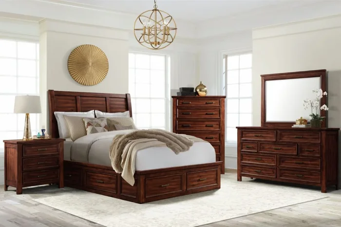 Sullivan Panel Bed w/ Storage, Dresser & Mirror in Rich Cherry, Queen