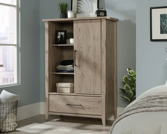 Summit Station Armoire with Sliding Door in Urel Oak – Tall Storage Cabinet with Adjustable Shelves, Lower Drawer, Lightweight Panel Construction