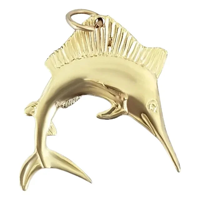 Swordfish with Diamond Cuts Charm/Pendant 14k Yellow Gold