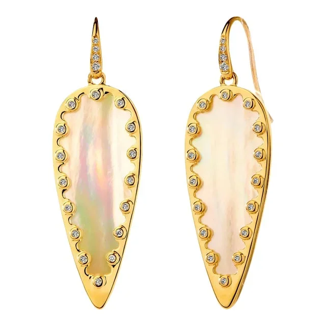 Syna Mother of Pearl Yellow Gold Leaf Earrings with Diamonds, a Pair