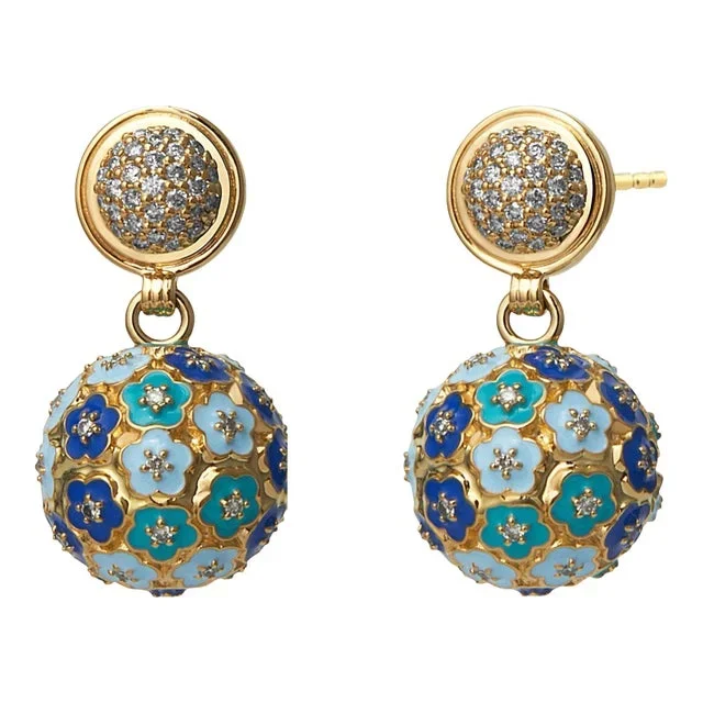 Syna Yellow Gold Multi Color Enamel Floral Ball Earrings, a Pair
