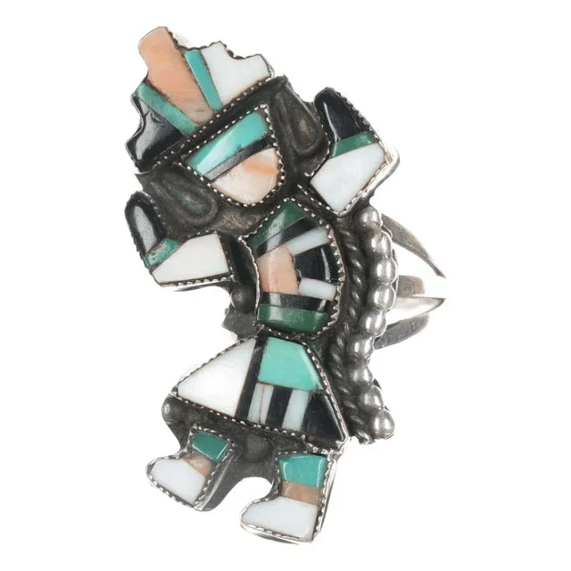 sz9 Large 1950’s Zuni Rainbow Man multi-stone sterling ring