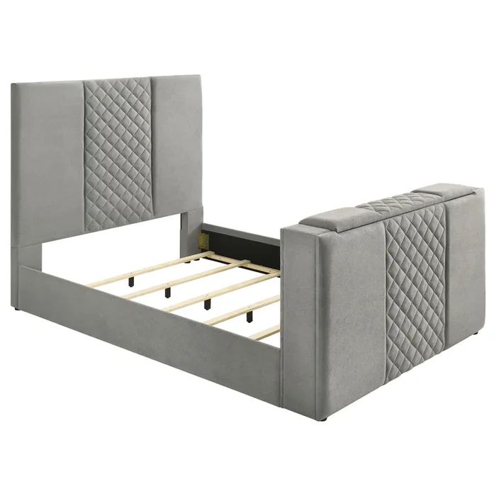 Tara 61-inch Upholstered Queen Panel TV Bed Grey