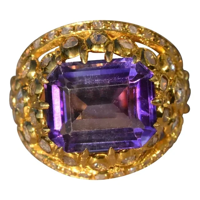 The Florina: Ladies Signed Georgian Amethyst and Diamond Cocktail Ring in 18K Gold