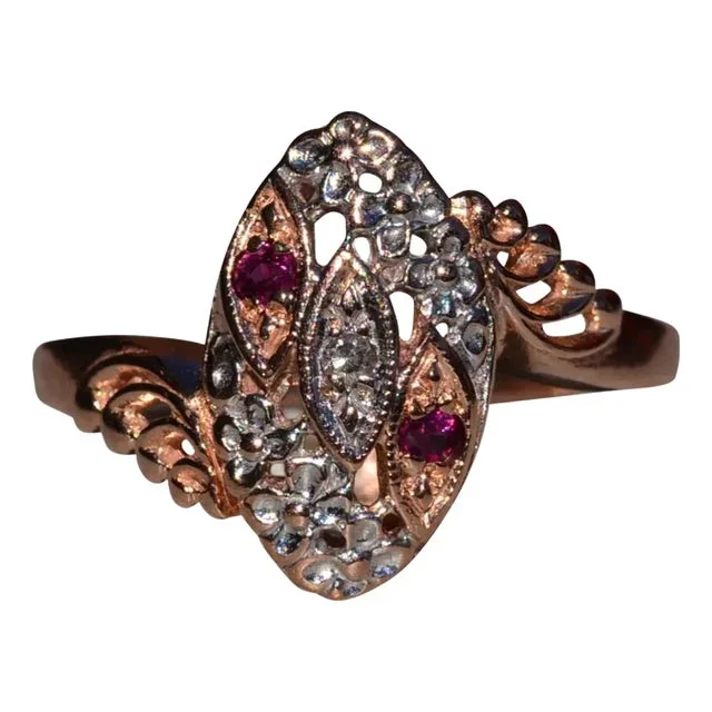 The Northwick: Ladies Rose Gold Navette Ring set with Rubies and Diamonds