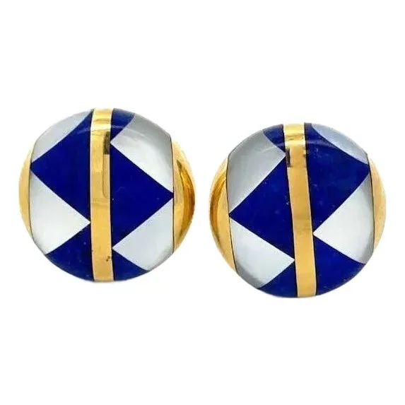 Tiffany & Co. Lapis MOP Earrings 18k Yellow Gold Button Shape Inlaid, 2 pieces