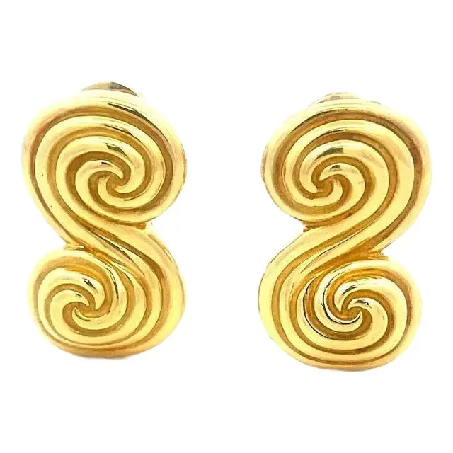 Tiffay & Co. Spiro Gold Earrings 18k Yellow Post Clip S Design, 2 pieces