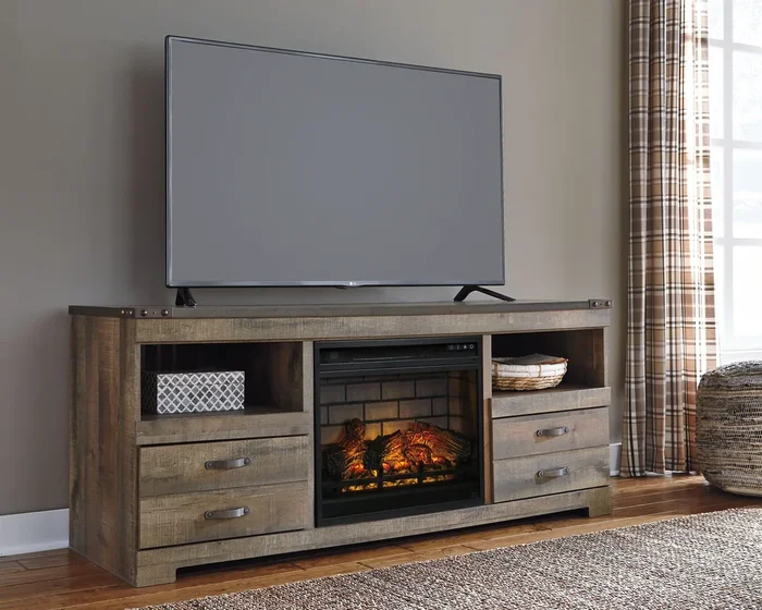 Trinell – 63″ TV Stand With Glass/Stone Fireplace Insert – Brown