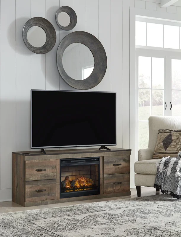 Trinell – Brown – 2 Pc. – 60″ Tv Stand With Faux Firebrick Fireplace Insert