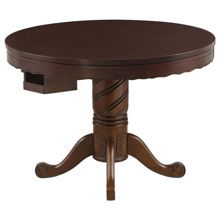 Turk Round Dining and Billiard Poker Game Table – Tobacco Birch Finish with Velvet-Lined Card Surface, Intricate Spiral Carvings, Complete Game Set