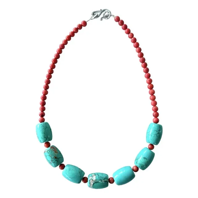 Turquoise and Coral Beaded Necklace With Silver Tone Hook Clasp – Designed by Matthew Izzo