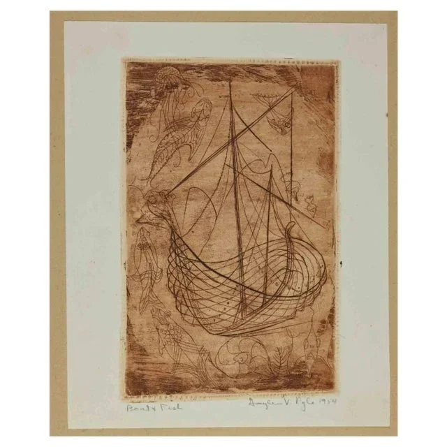V. Pyle, Ex-Libris, Boat and Fish, Etching, 1954