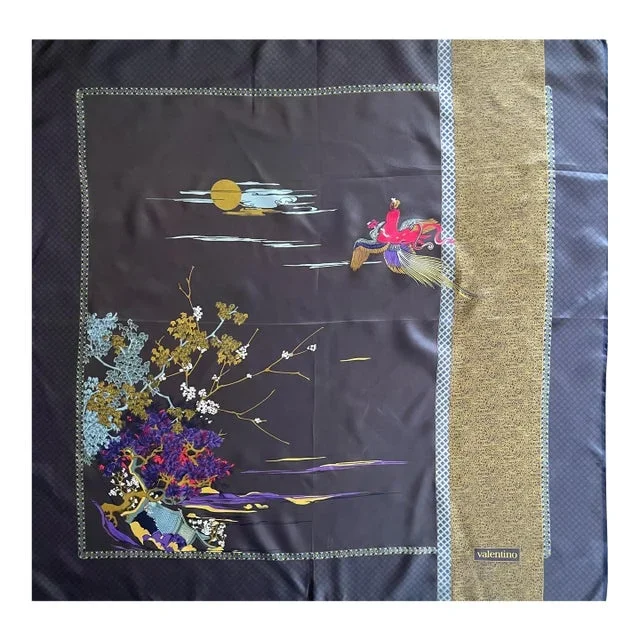 Valentino Black And Flower Silk Scarf