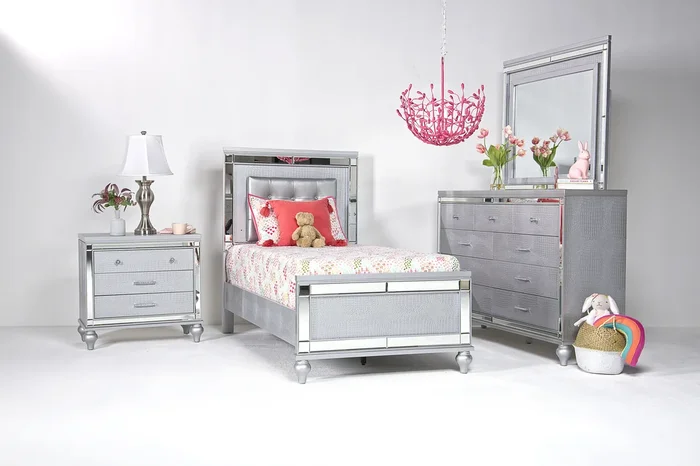 Valentino Panel Bed, Dresser, Mirror & Nightstand in Silver, Twin
