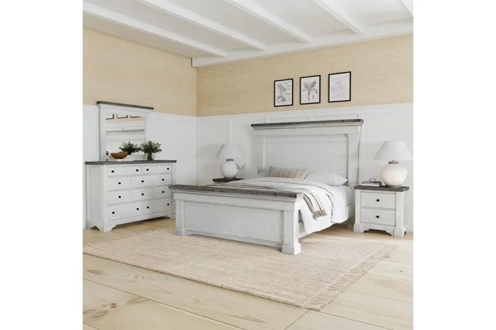 Valley Ridge Panel Bed, Dresser, Mirror & Nightstand in White Gray Finish, Queen