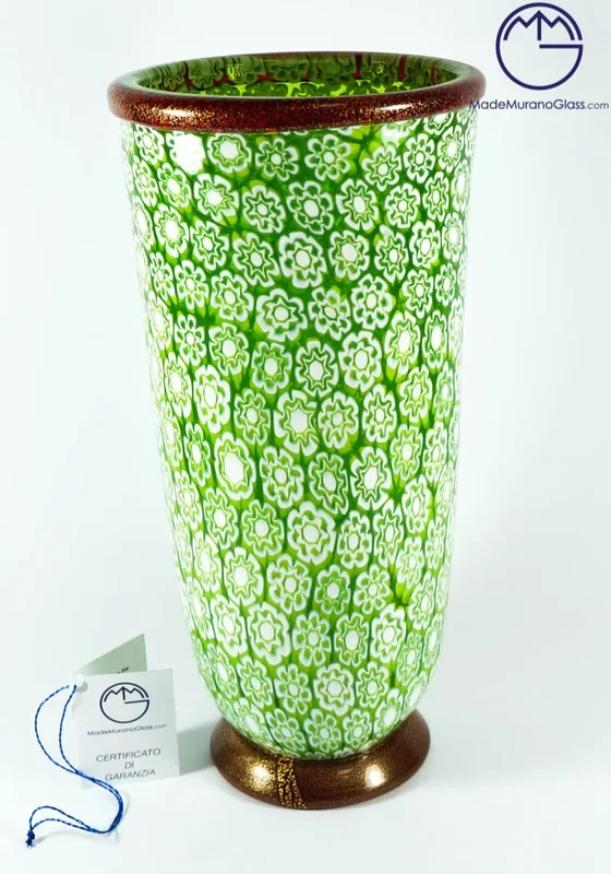 Vaso Vetro Murano Verde Con Murrina E Oro 24 Carati