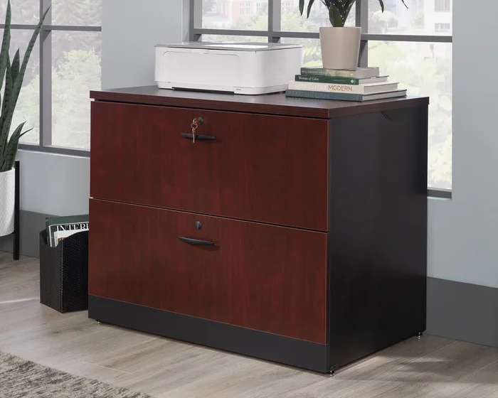 Via 2-Drawer Lateral File Cabinet in Classic Cherry/Soft Black – Locking Drawers, Melamine Top, T-Lock System, Cord Management