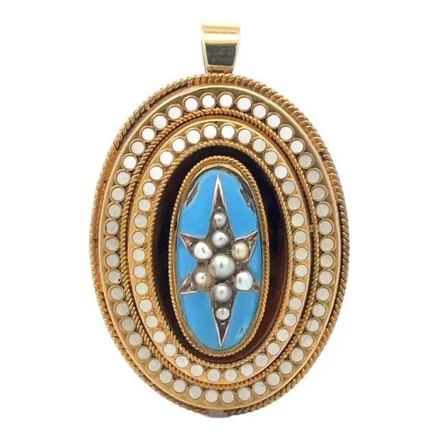 Victorian Gold Pearls Oval Pendant 14-18k 3 Tier Starburst Style